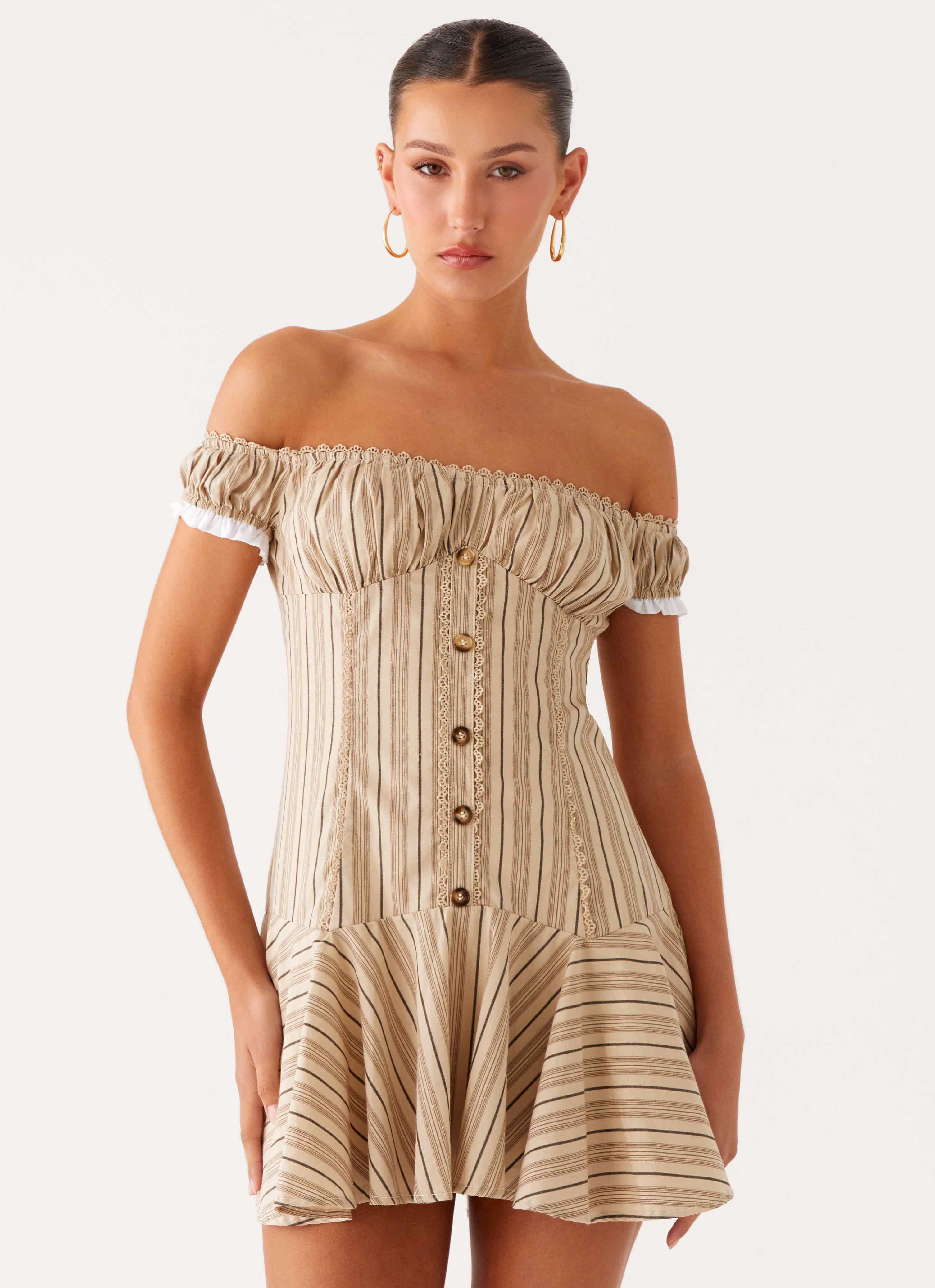 Jumana Off Shoulder Mini Dress - Off White Stripe